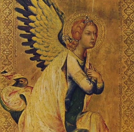Simone Martini: dal Polittico Orsini, Musée des Beaux Arts, Anversa; sopra, l'Angelo Annunziante, cm. 23,5 x 14,5.